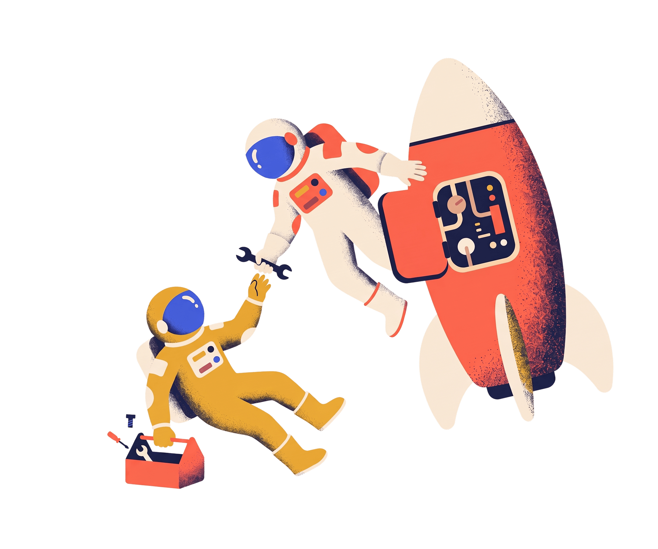 Two astronauts float beside a coral rocket; one hands a wrench to the other, who holds a toolbox.